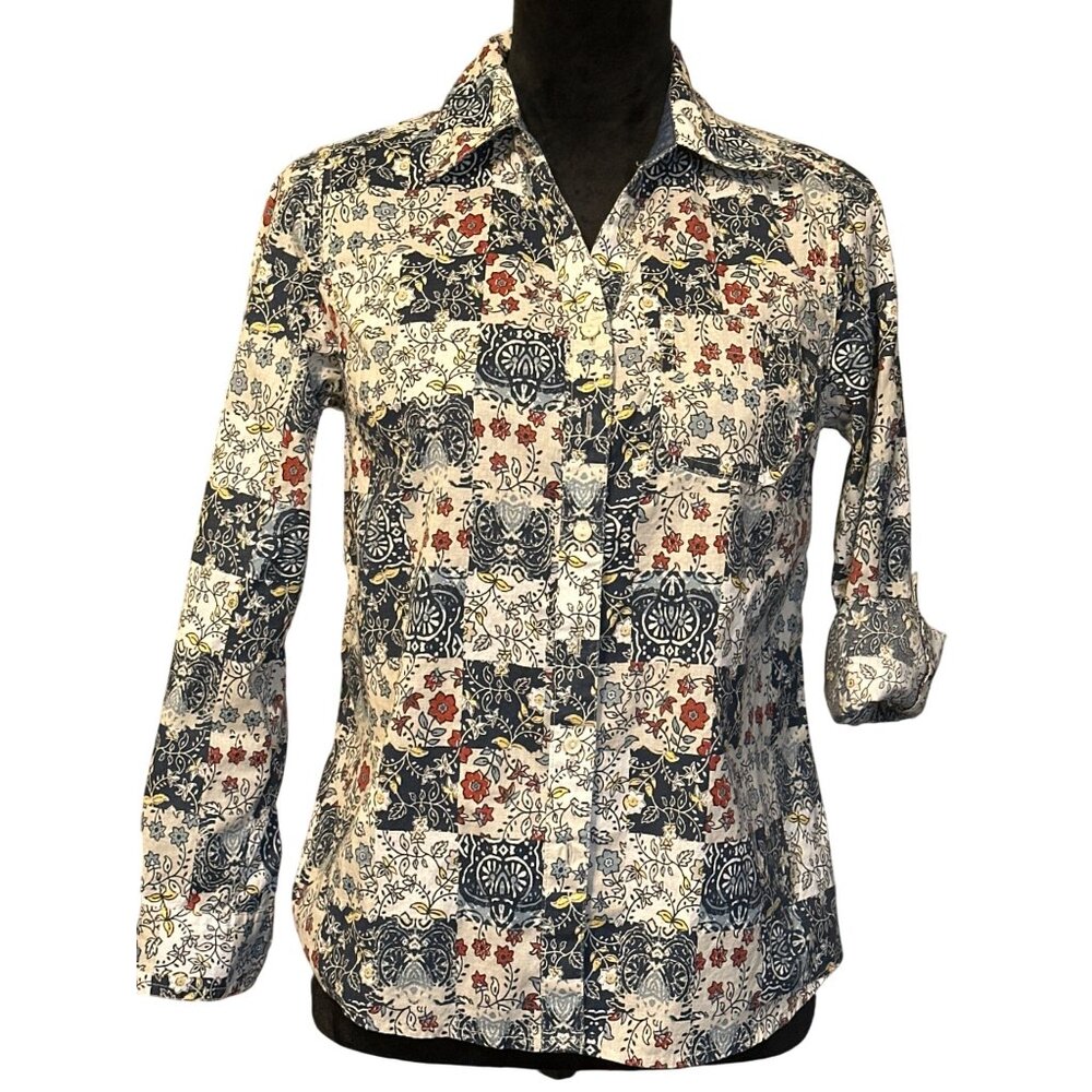Style & Co Womens Floral Patchwork Button-Up Shirt P/S Casual Top 100% Cotton Lo